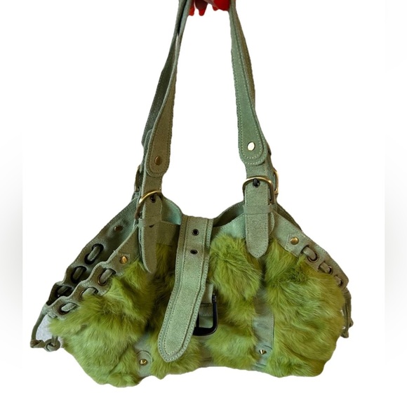 VTG Y2K TEFA Rabbit Fur Suede Shoulder Bag Lime Green Boho Indie Purse
